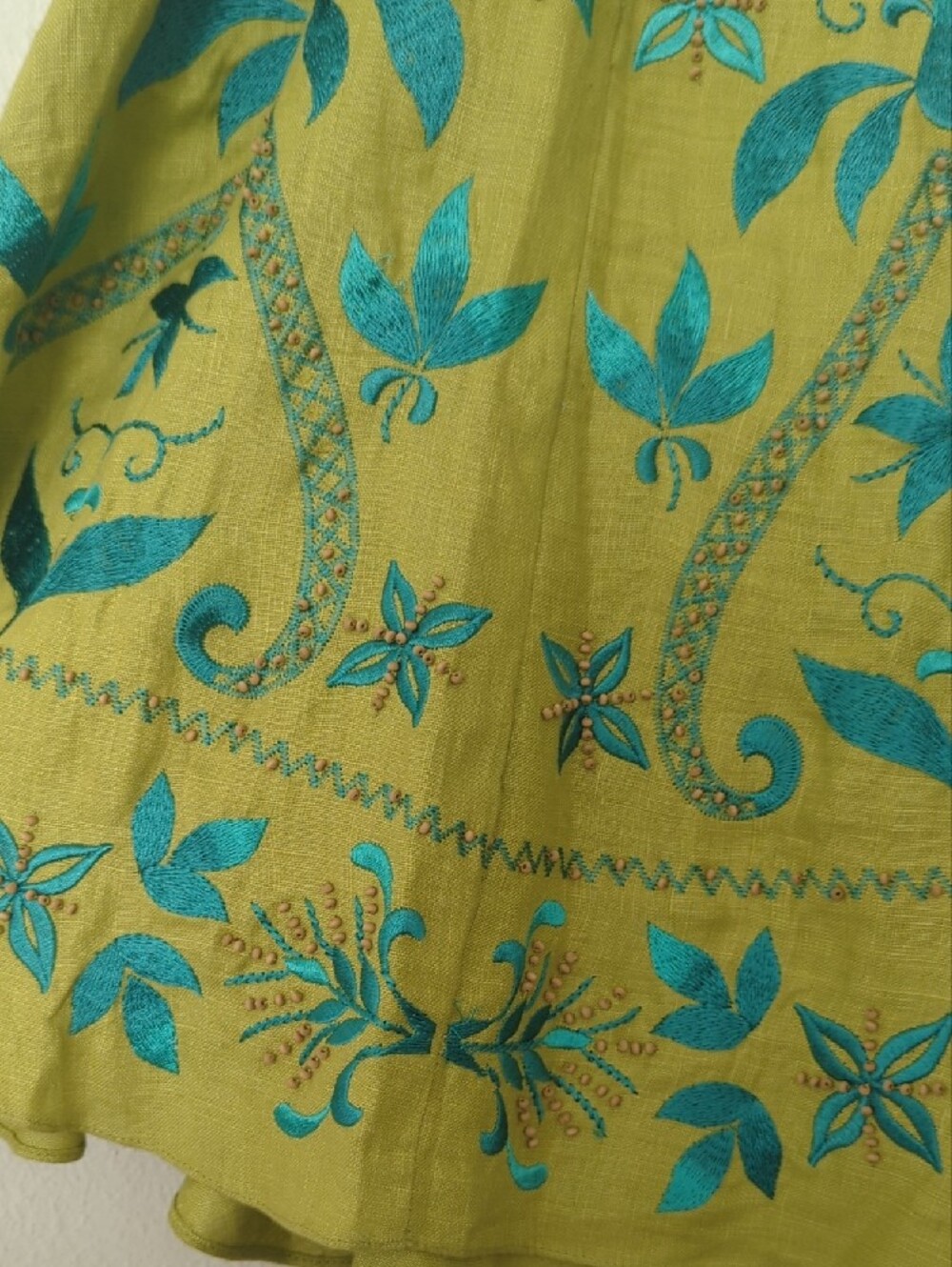Y2K Sue Wong Linen Spaghetti Strap Dress with Floral Embroidery & Wood Beads - Picture 15 of 17